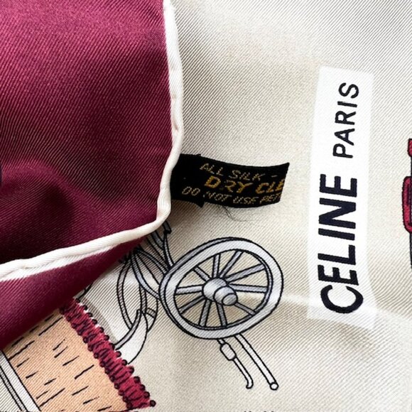 Unused Celine Paris Scarf  100% Silk  34" Gold Tan Brgendy Carriage Horses (39) - Picture 8 of 13